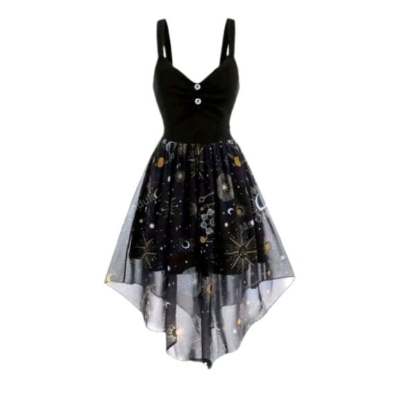 New SHEIN Goth Punk Black Chiffon Moon Stars Dress Halloween Plus Size 3XL E30 - Picture 1 of 9